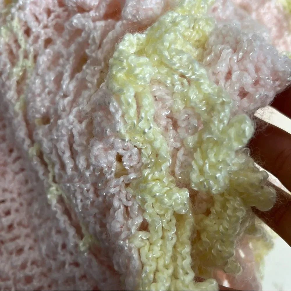 HANDMADE Baby Pink Blanket Yellow Trim Lacy Edge 46 x 54